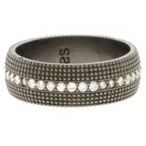 925SUNEERA: Ring, Band- Black Rhodium Finish Textured Sterling Silver 2/ Center Eternity White Diamonds 0.40 TCW size 8, measures 9/32" in width