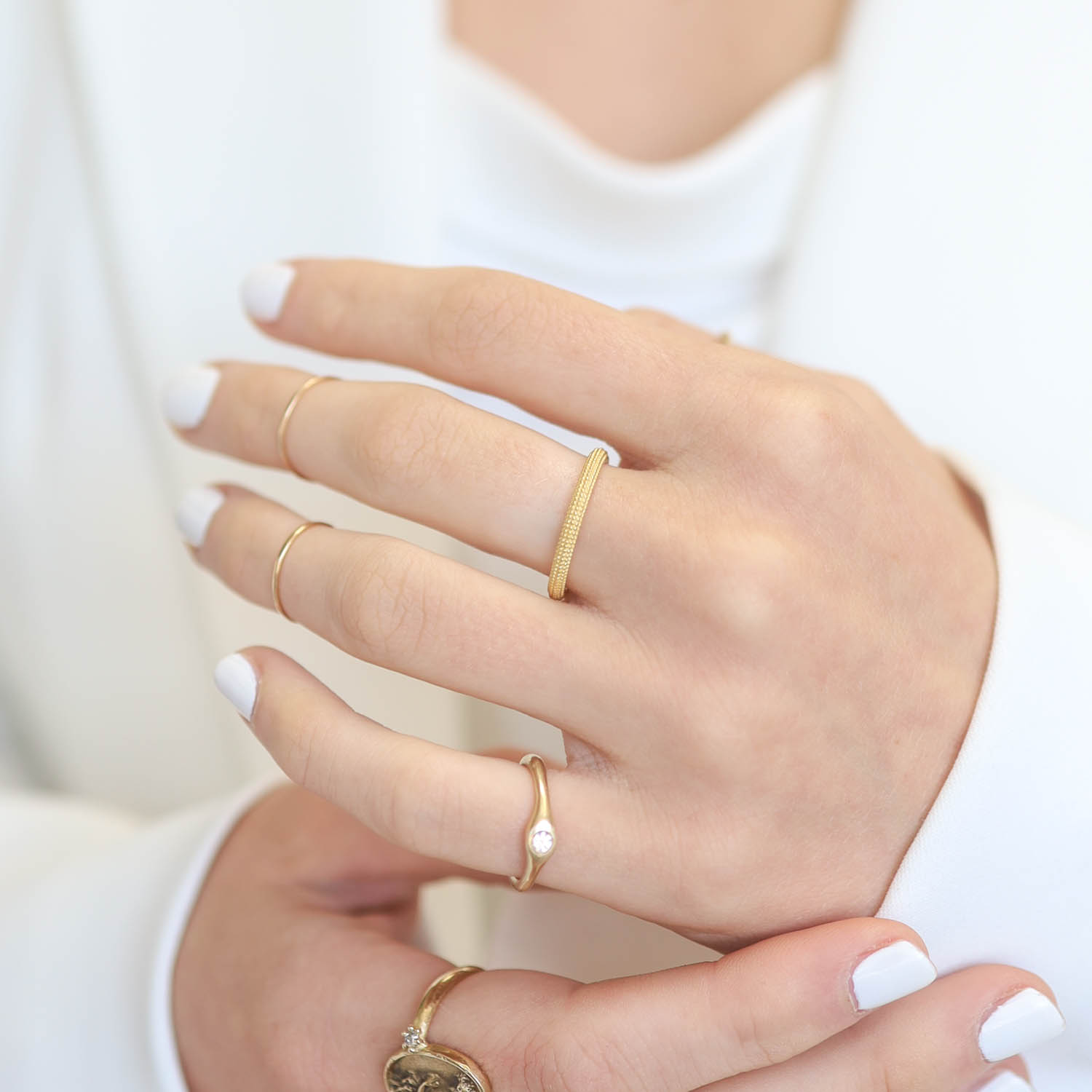 925SUNEERA: Ring, Band JAYA ,Textured 14K Yellow gold, size 6, measures 3/32" in width