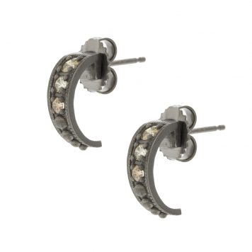 925SUNEERA: EARRINGS, Hoops- Black Rhodium Finish sterling Silver w/ Graduated Champagne Diamonds, 1.3 TCW on 14K gold Post, measures 1/2" in length, 3/16" at its widest point