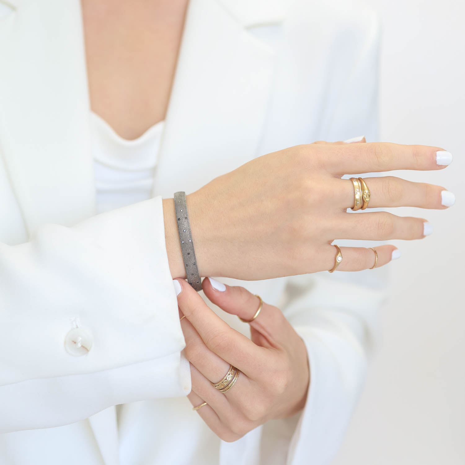 925SUNEERA: Bracelet, Cuff, Shay, Black diamonds, .20 TCW, Sterling silver, Rhodium plated sterling silver, Measures 1/4" in width.