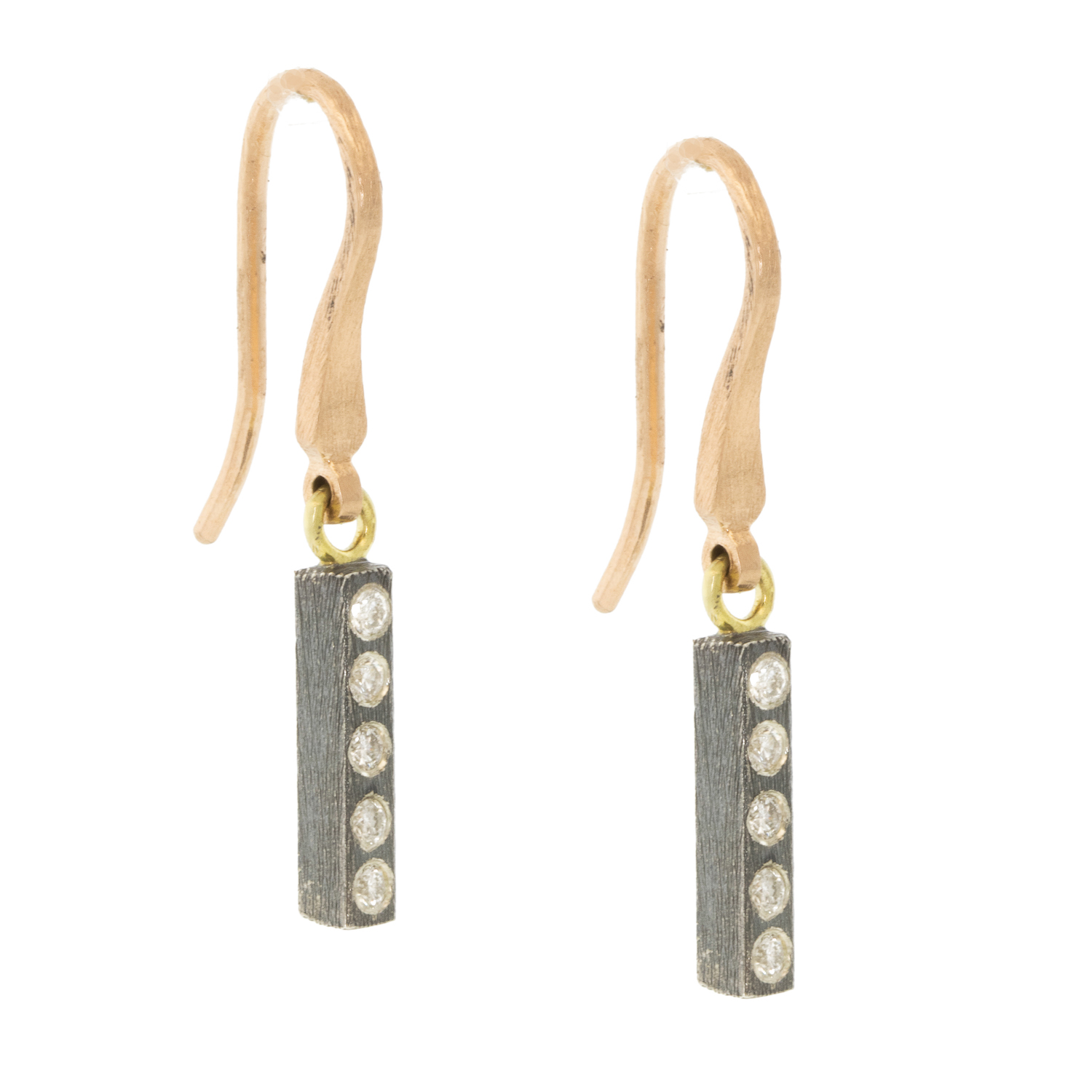 Rene Escobar Trunk Show: EARRING, SS, ROSE GOLD, DIAMONDS SMALL BARS, measures 1 1/8" in length including earwire