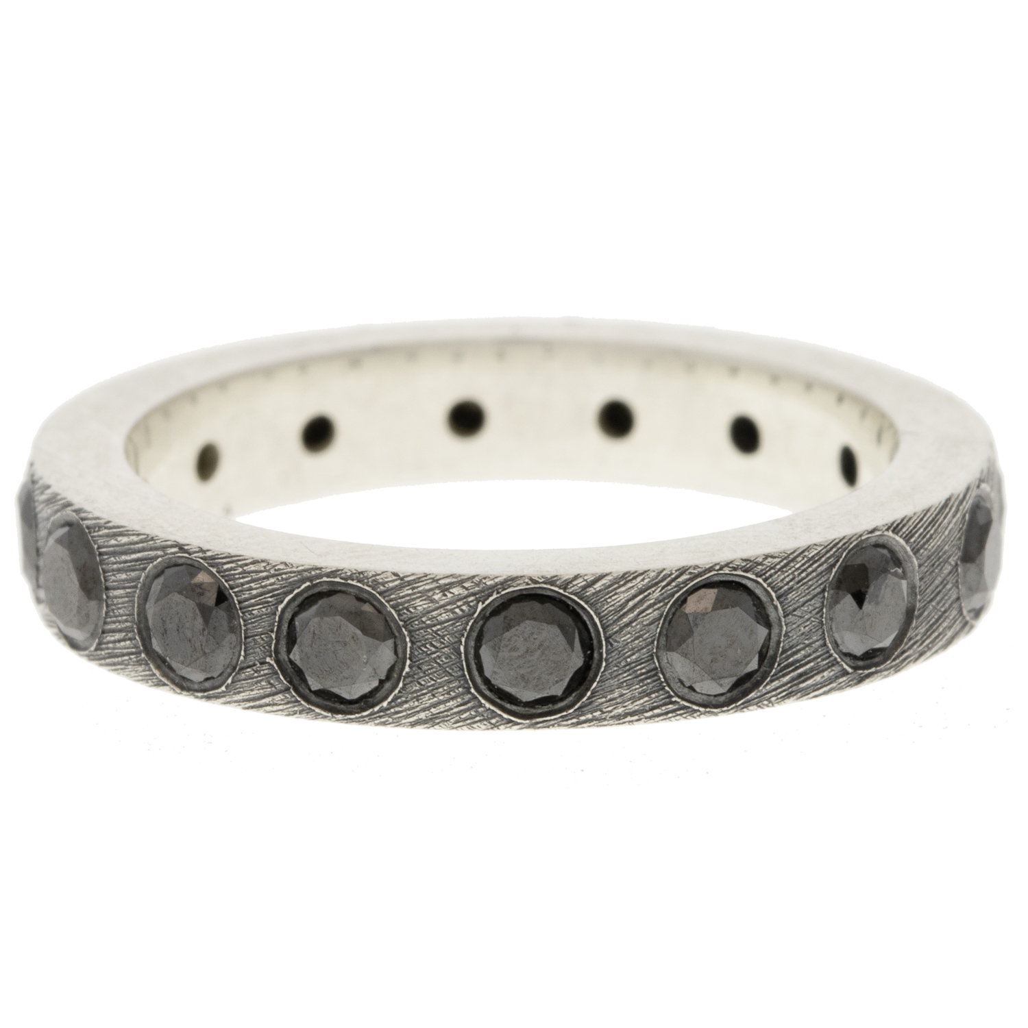 Rene Escobar Trunk Show: Ring, DIANE, 3MM, SS,BLACK DIAMONDS size 7 1/4, band measures 1/8" in width