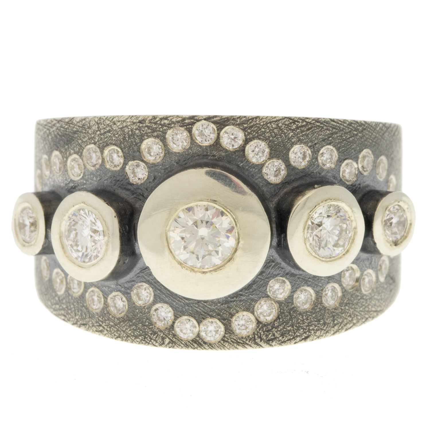 Rene Escobar Trunk Show: Ring, GABRIELLE, SS, DIAMONDS size 7 1/4, measures 9/16" at widest point