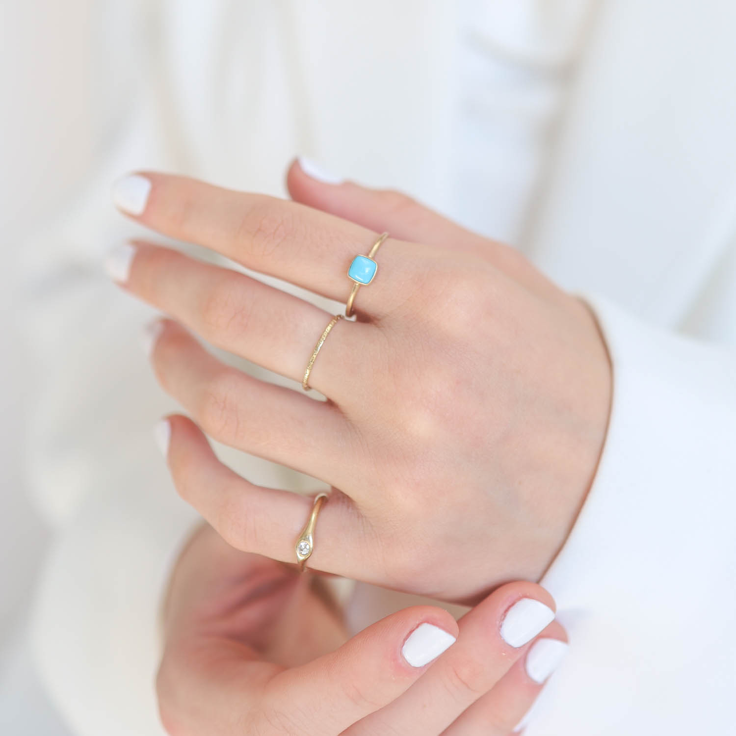 Margaret Solow: Ring,14 k Yellow gold,SQUARE Sleeping beauty Turquoise, size 6 3/4