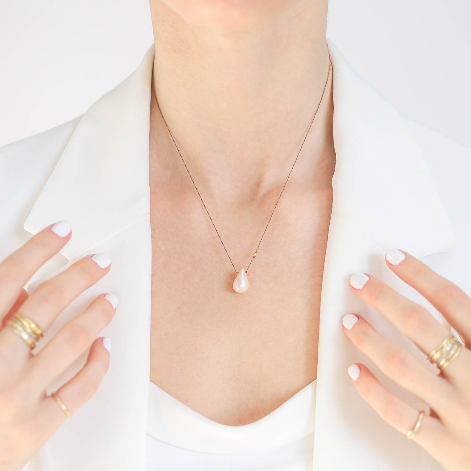 Margaret Solow: Necklace,white Freshwater pearl and 18k bead teardrop