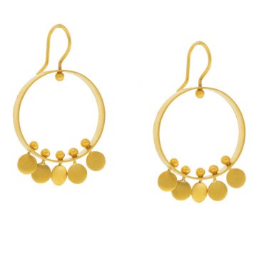Jane Diaz: Circle mobile with spinning disc drops- gold plate, measures 1 5/8" x 1" including earwire
