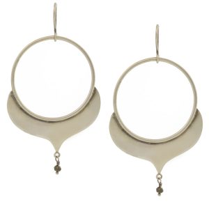 Jane Diaz: Large Alhambra Hoop with pyrite dangle, silver, measure 2 3/4″ x 1 1/2″ including earwire