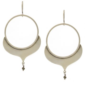 Jane Diaz: Large Alhambra Hoop with pyrite dangle, silver, measure 2 3/4″ x 1 1/2″ including earwire