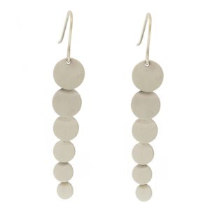 Jane Diaz: Disc Cascade Earrings in silver, measure 2 1/8" x 3/8" including earwire