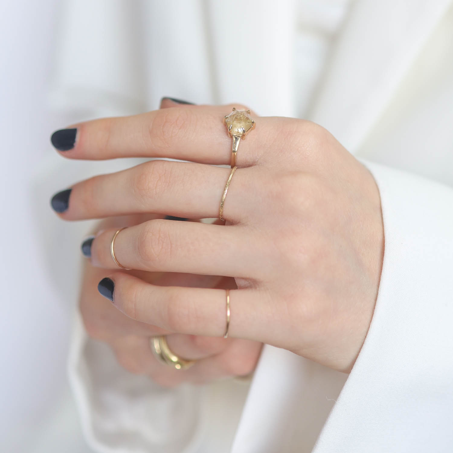 Lauren Wolf: Ring, 14K yellow gold Rutilated quartz Large hexagon ring, size 6, quartz measures 3/8" x 3/8" including bezel