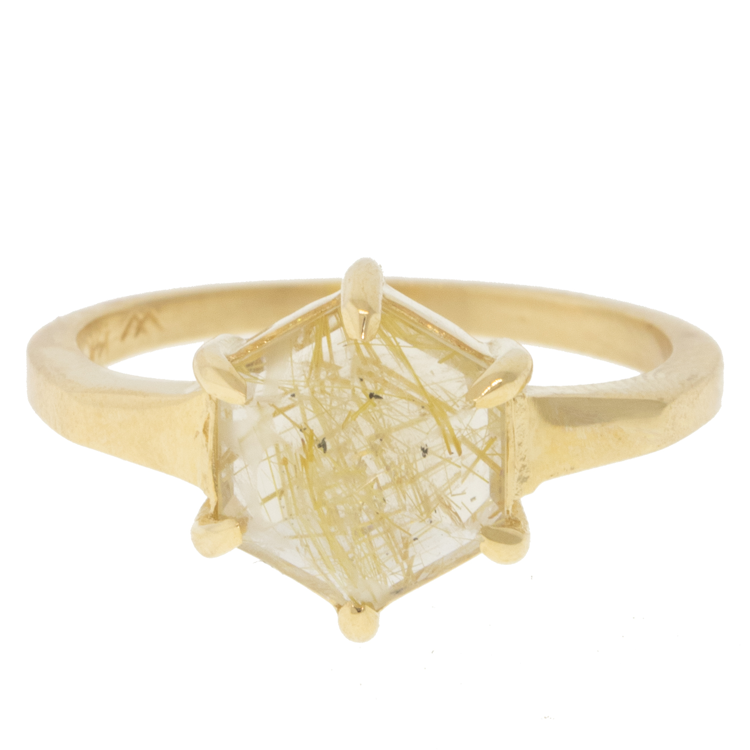 Lauren Wolf: Ring, 14K yellow gold Rutilated quartz Large hexagon ring, size 6, quartz measures 3/8" x 3/8" including bezel