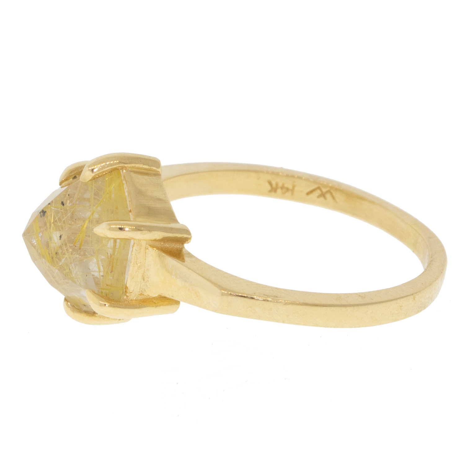 Lauren Wolf: Ring, 14K yellow gold Rutilated quartz Large hexagon ring, size 6, quartz measures 3/8" x 3/8" including bezel