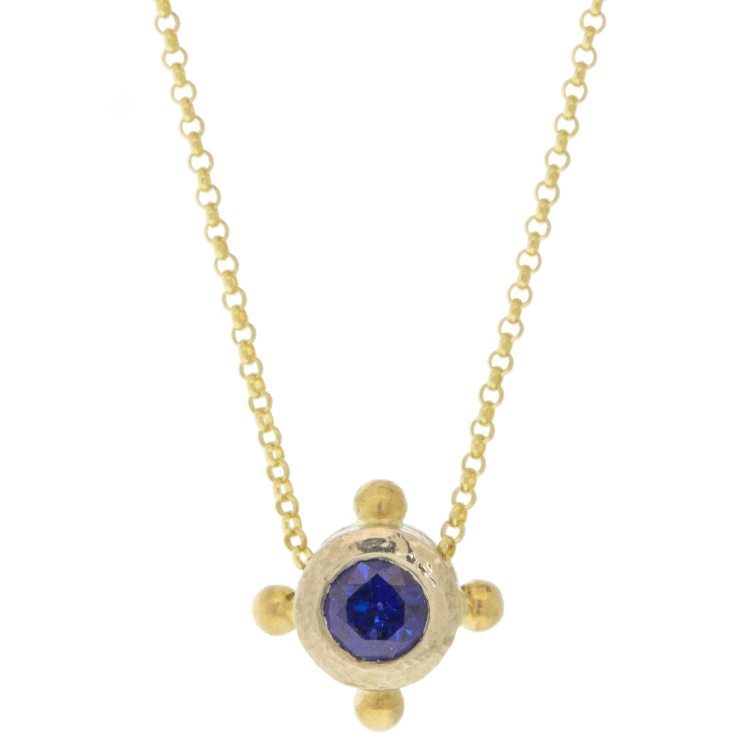 Alison Shiboski : 18 k Yellow gold porthole pendant 0.28ct Sapphire ,14 k chain