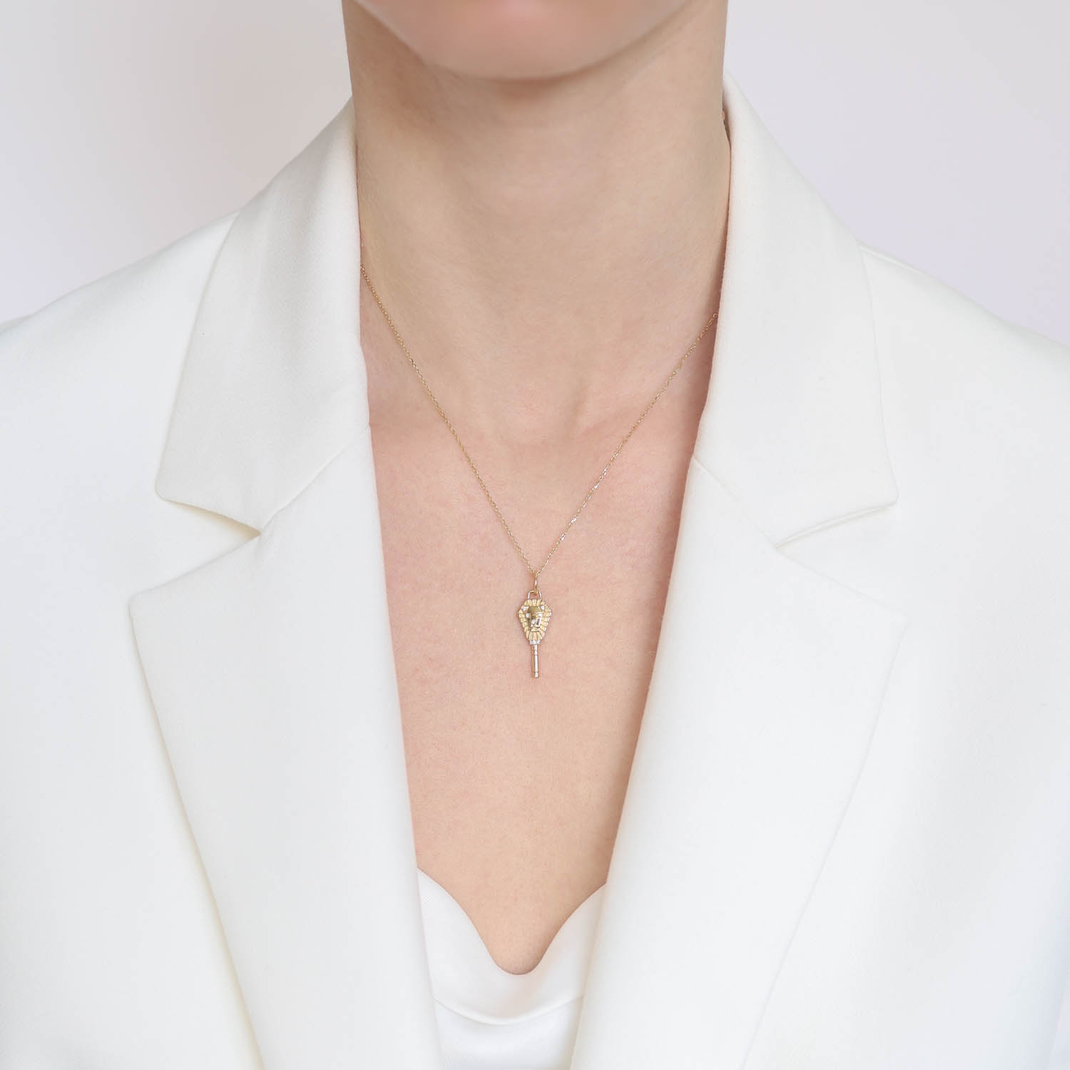 Monica Rich Kosann: 18k yellow gold lion pocketwatch key charm, white diamonds, .2 tcw,No chain