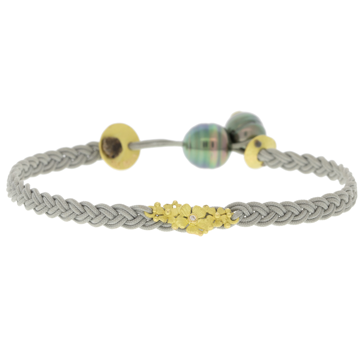 Lene Vibe: Bracelet,18k gold with flowers,0.01CT White diamonds,cultured pearls,Light Grey Nylon cord. Flower measures 1/4" x 11/16" , 7.5" in length