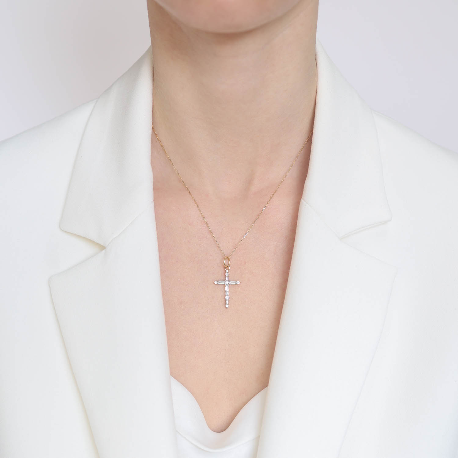 Monica Rich Kosann: 18 Yellow gold Diamond Cross charm with diamond baguettes & Round faceted stones,diamond cut chain,17 inch, Pendant measures 1 1/4 x 11/16 including bail