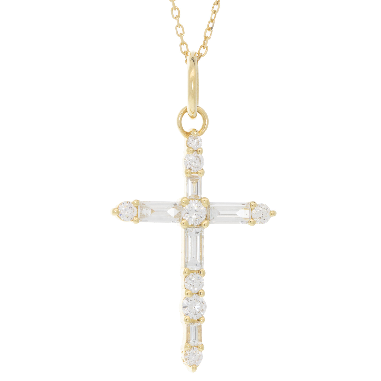Monica Rich Kosann: 18 Yellow gold Diamond Cross charm with diamond baguettes & Round faceted stones,diamond cut chain,17 inch, Pendant measures 1 1/4 x 11/16 including bail