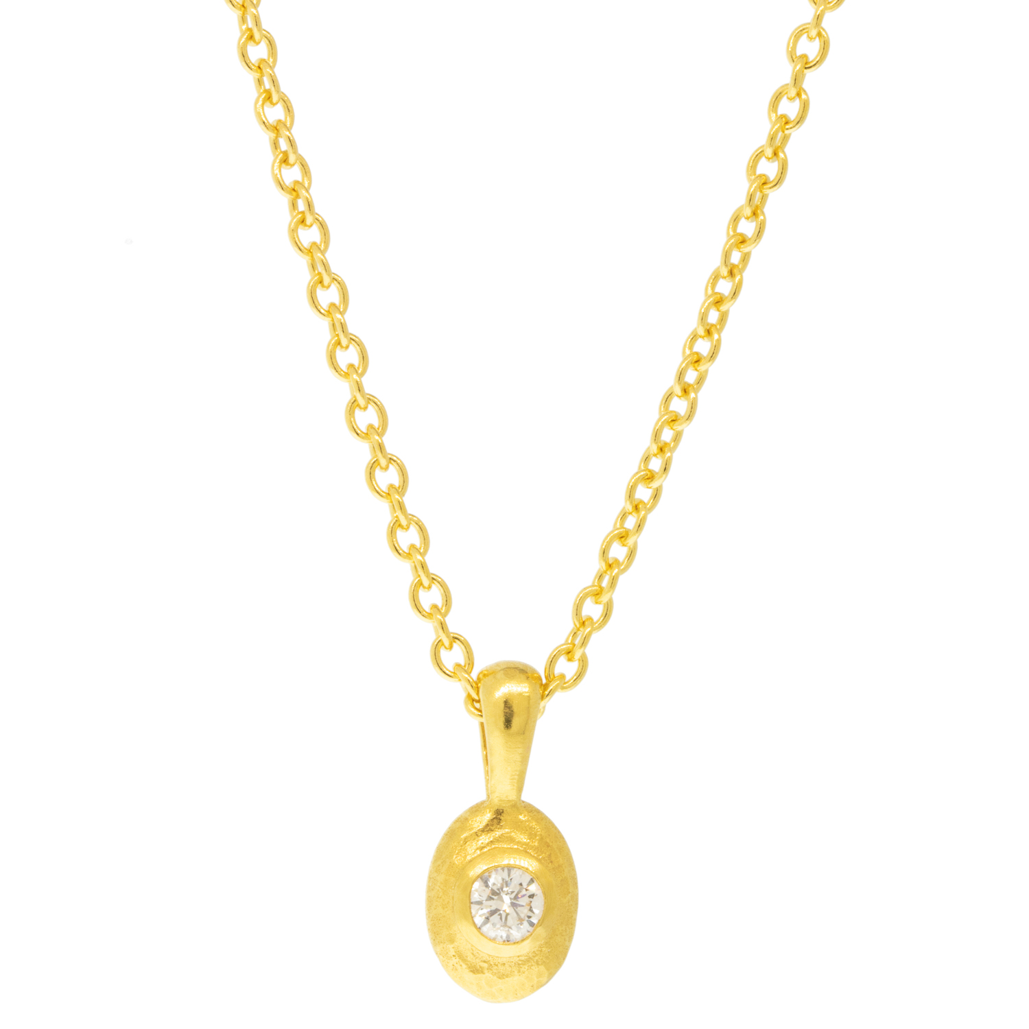 Gurhan: necklace, 22k gold, oval pendant, brilliant white diamond, ctw .086, 16-18" 22k chain, diamond measures 1/8" in diameter, pendant measures 1/2" x 1/4" including bail