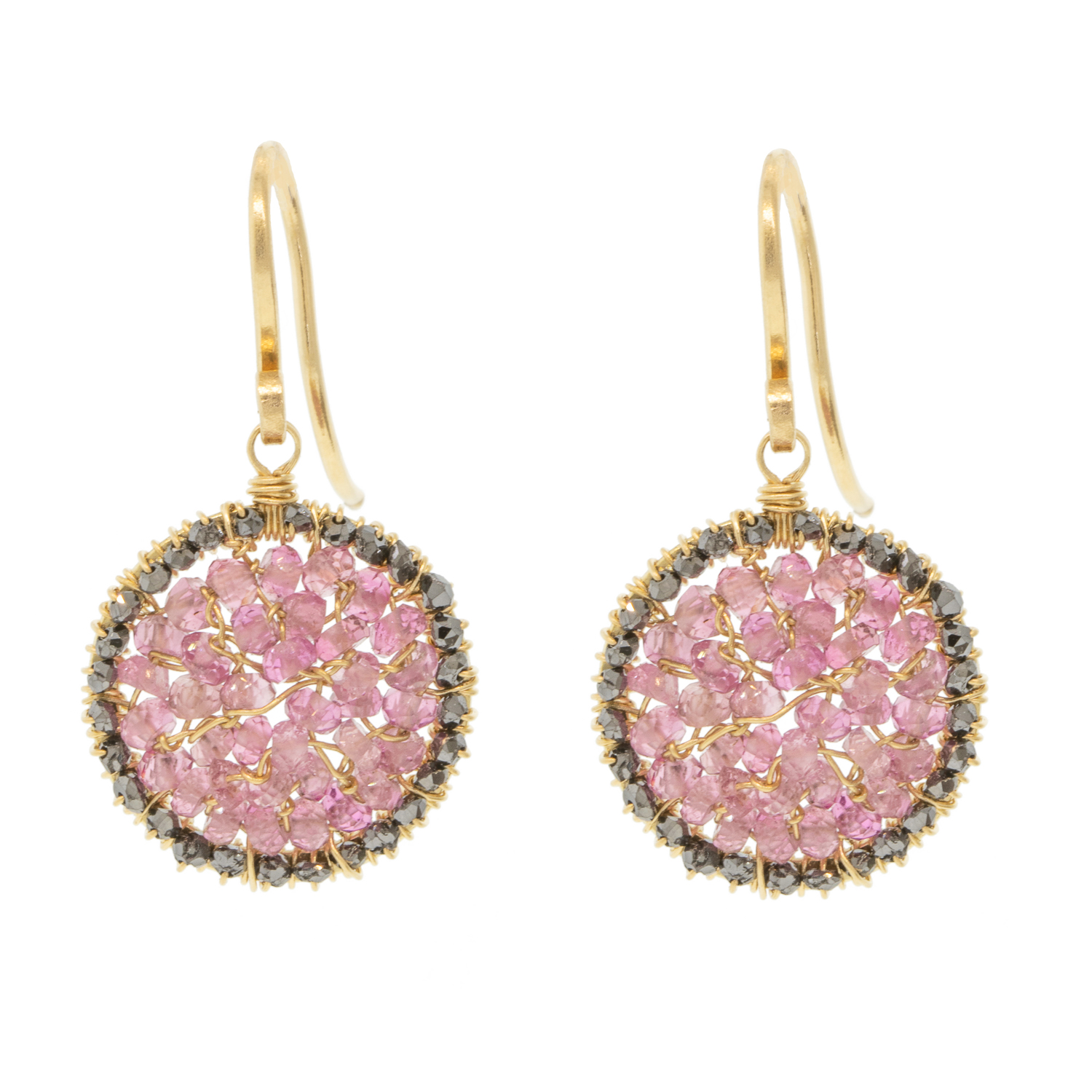 Dana Kellin Fine: Earrings, 14K gold, Pink Tourmaline And Black Diamonds, measure 1" x 9/16" including earwire