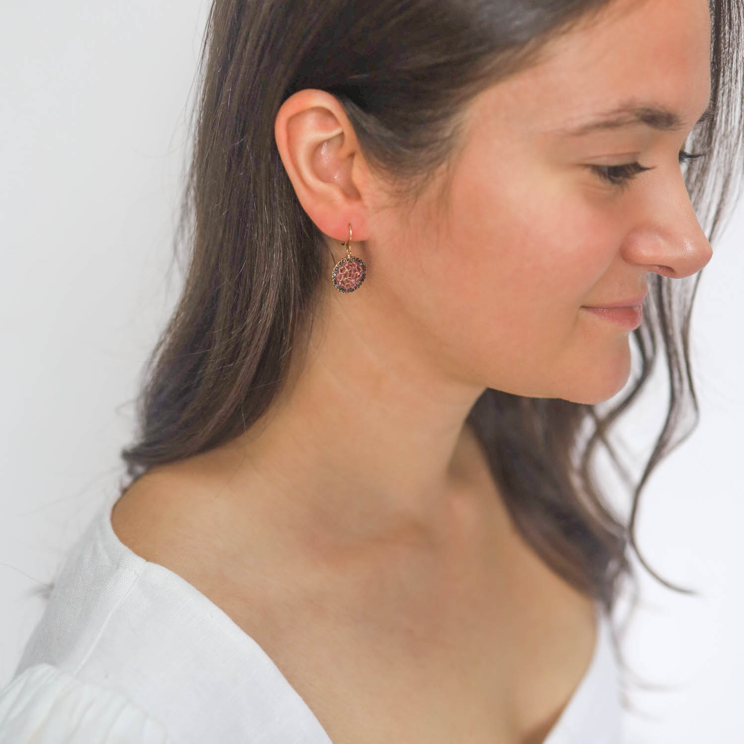 Dana Kellin Fine: Earrings, 14K gold, Pink Tourmaline And Black Diamonds, measure 1" x 9/16" including earwire