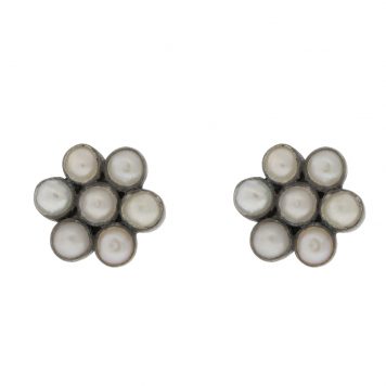 Jane Diaz :  Cabochon Flower Stud, Sterling Silver & White Pearl, measures 7/16" x 3/8"