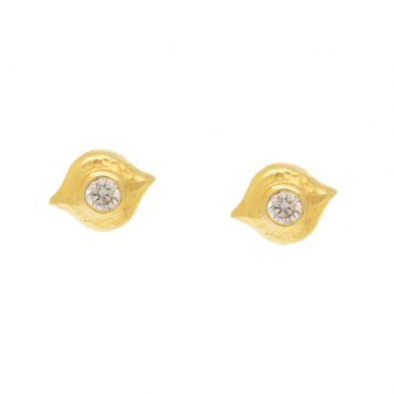 Gurhan: Stud earrings, 22k gold, 3.00 mm brilliant white diamonds, tcw .22, round with corners, 18k post, diamonds measure 1/8" in diameter, earrings measure 1/4" x 3/8" in total