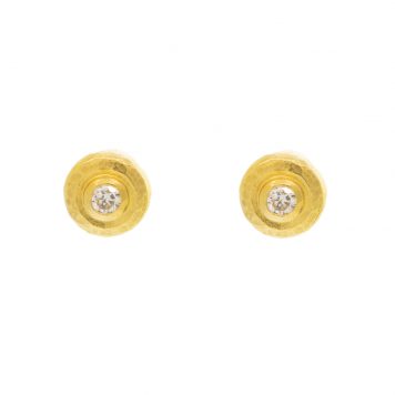 Gurhan: Stud earrings, 24k gold, 3.00 mm brilliant white diamonds, tcw .22, round, 18k post, diamonds measure 1/8" in diameter, earrings measure 5/16" in diameter