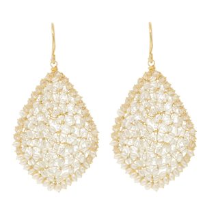 Dana Kellin: Earrings, Large  rounded teardrop clear crystal with pearl rim ,Gold fill, measure 1 3/4" x 1" including earwire