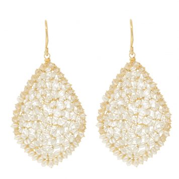 Dana Kellin: Earrings, Large  rounded teardrop clear crystal with pearl rim ,Gold fill, measure 1 3/4" x 1" including earwire