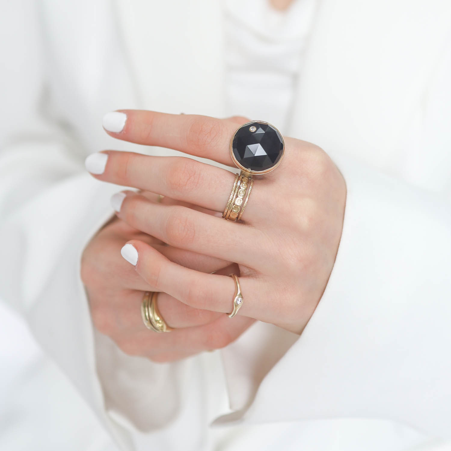 Jamie Joseph: Sterling & 14K Gold Ring w/ Round Rose Cut BLACK ONYX & .03 ct Diamond on Comfort Band size 7.5 3/4" in diameter