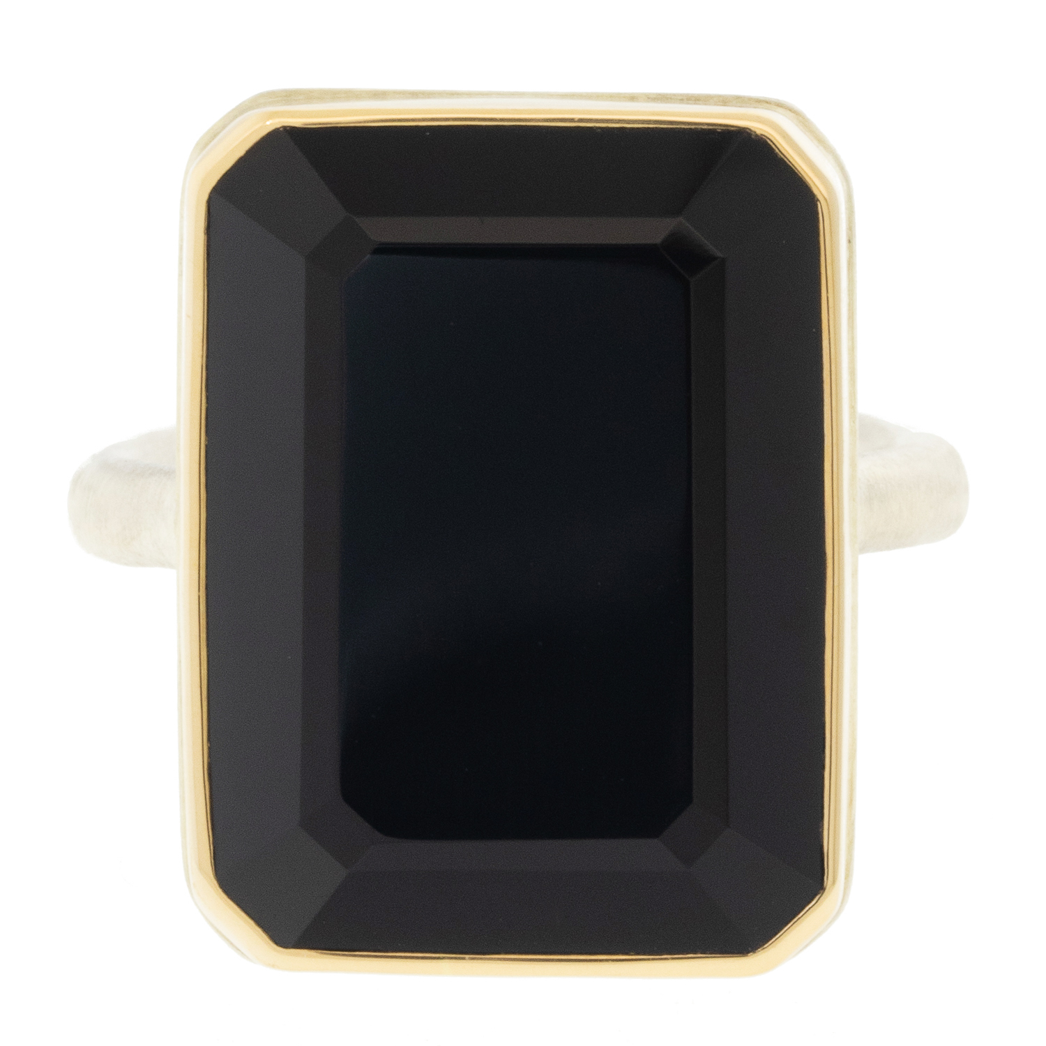 Jamie Joseph: Sterling & 14K Gold Ring w/ Vertical Rectangular Table up BLACK ONYX on Egyptian Band size 7.5 3/4" x 9/16"