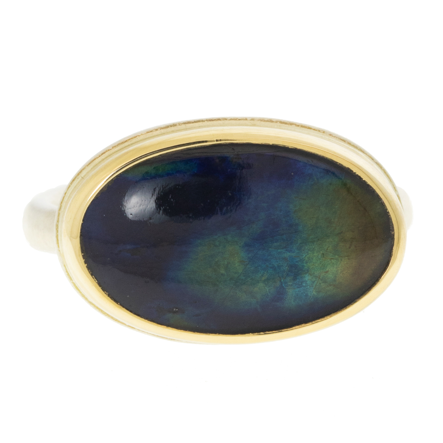 Jamie Joseph: Sterling & 14K Gold Ring w/ Small Oval SPECTROLITE on Egyptian Band size 7, 7/16" x 11/16"