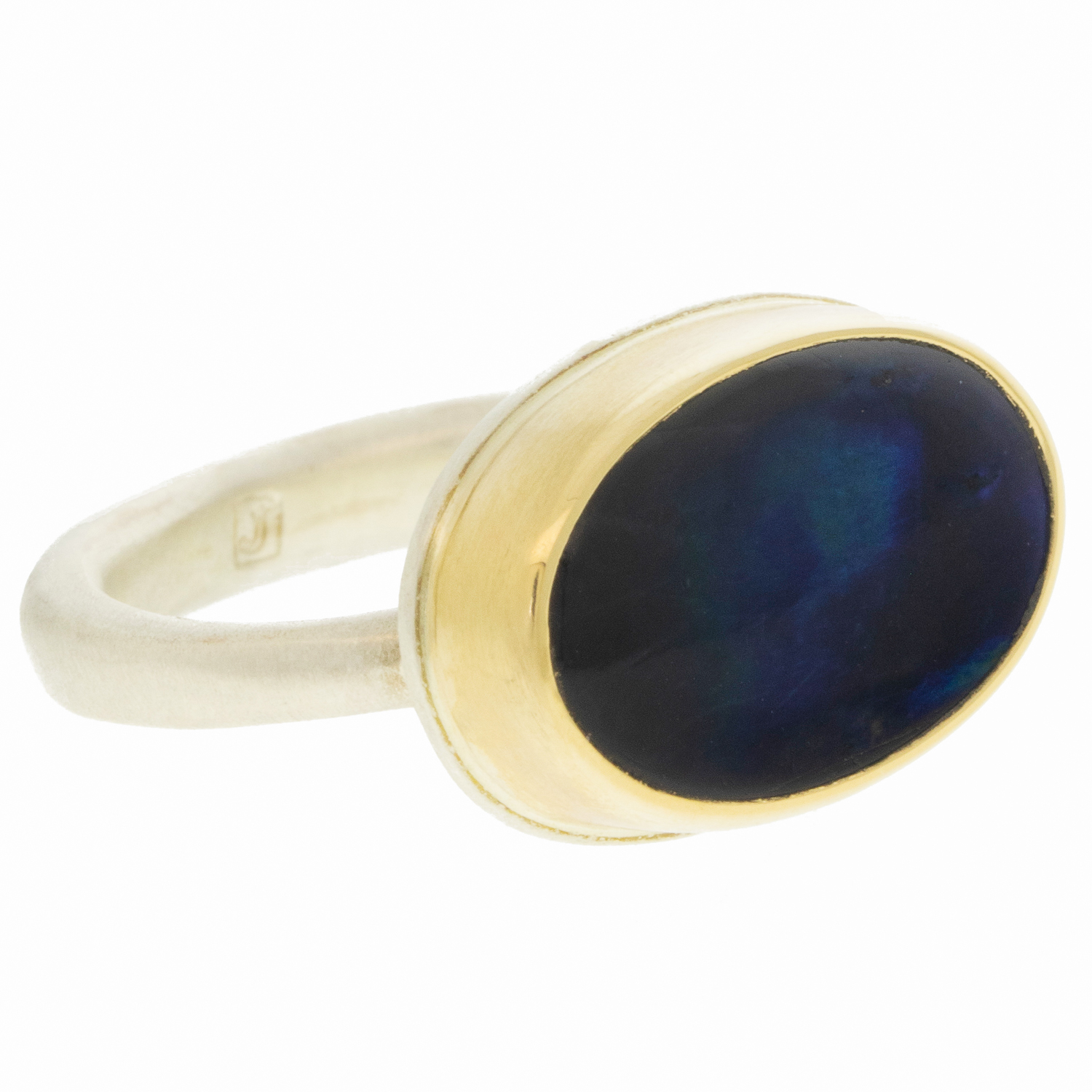 Jamie Joseph: Sterling & 14K Gold Ring w/ Small Oval SPECTROLITE on Egyptian Band size 7, 7/16" x 11/16"