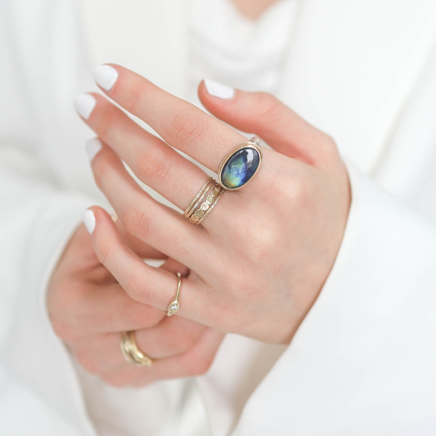 Jamie Joseph: Sterling & 14K Gold Ring w/ Small Oval SPECTROLITE on Egyptian Band size 7, 7/16" x 11/16"