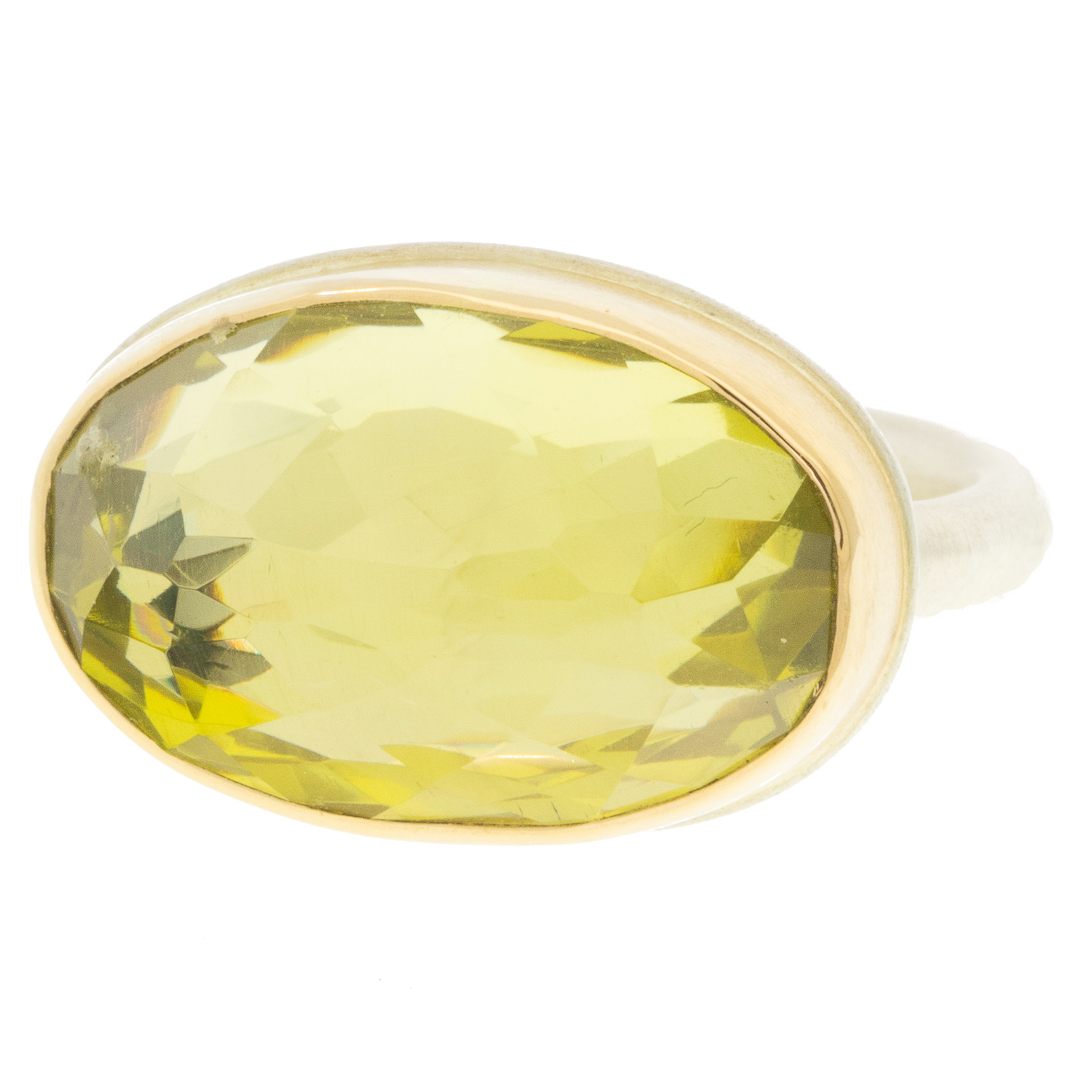 Jamie Joseph: Sterling & 14K Gold Ring w/ Oval Inverted LEMON QUARTZ on Egyptian Band, size 6 3/4, 7/16" x 3/4"