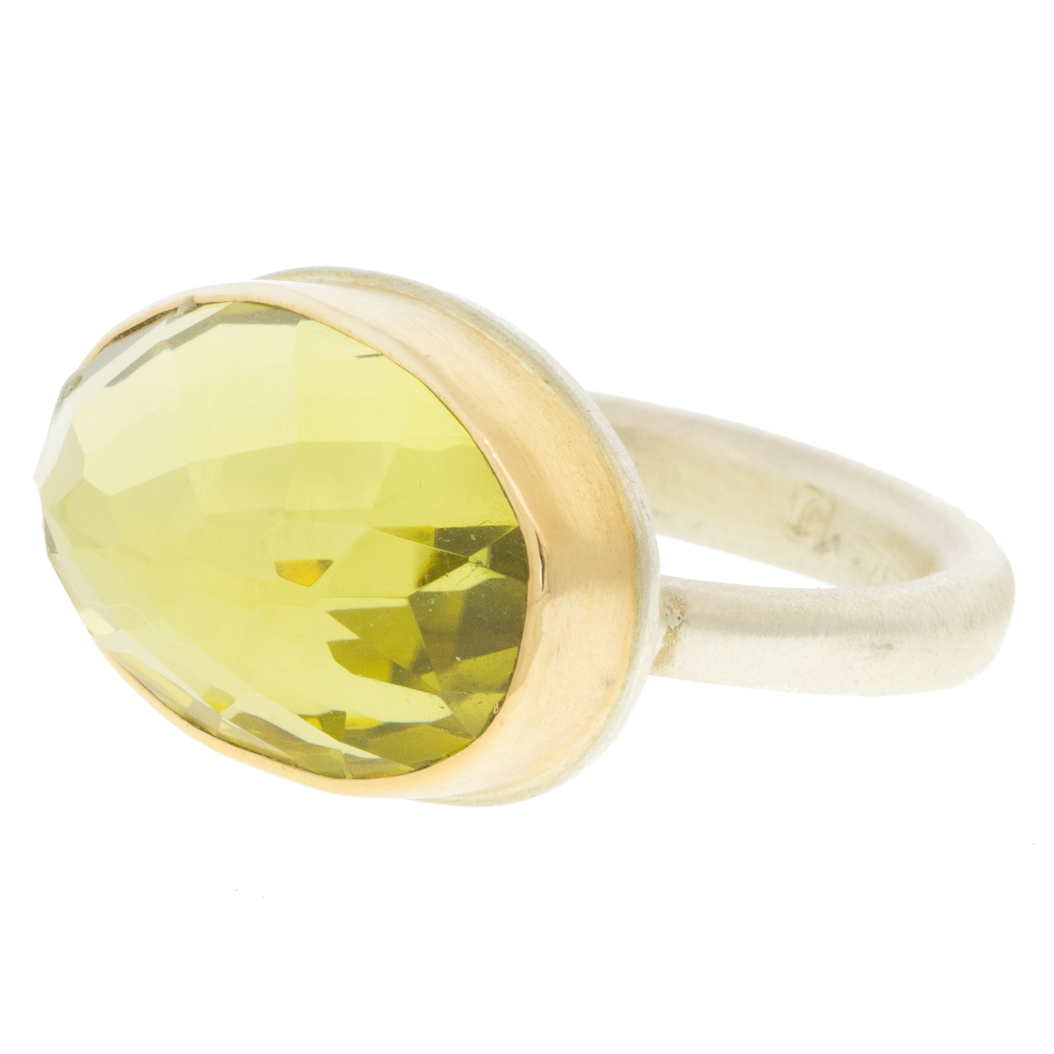 Jamie Joseph: Sterling & 14K Gold Ring w/ Oval Inverted LEMON QUARTZ on Egyptian Band, size 6 3/4, 7/16" x 3/4"