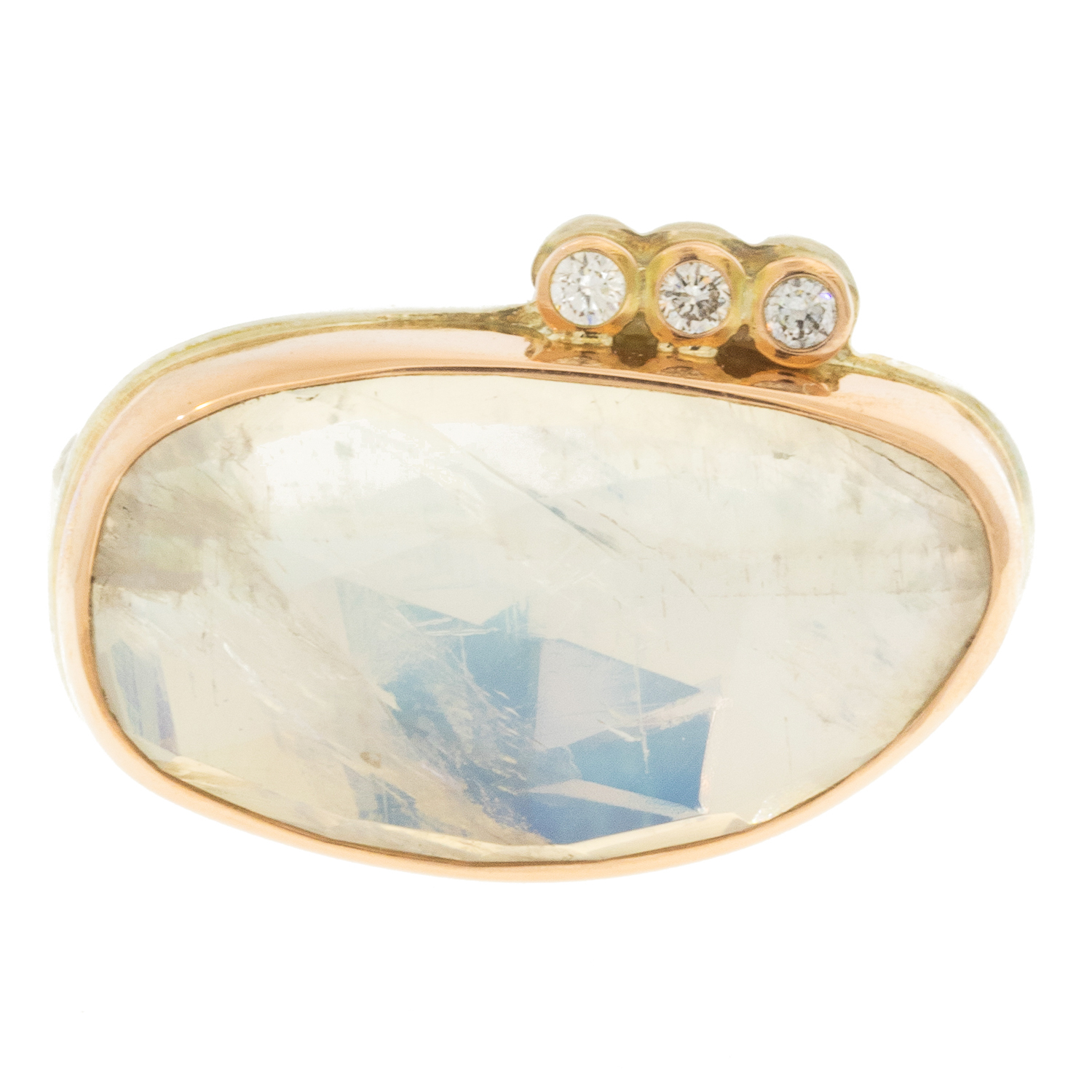 Jamie Joseph: Sterling & 14K Rose Gold Ring w/ Asymmetrical Rose Cut WHITE RAINBOW MOONSTONE & Triple Satellite Diamonds on Eroded Live Edge Band (.075 CTW) size 6.5, 7/16" x 3/4"