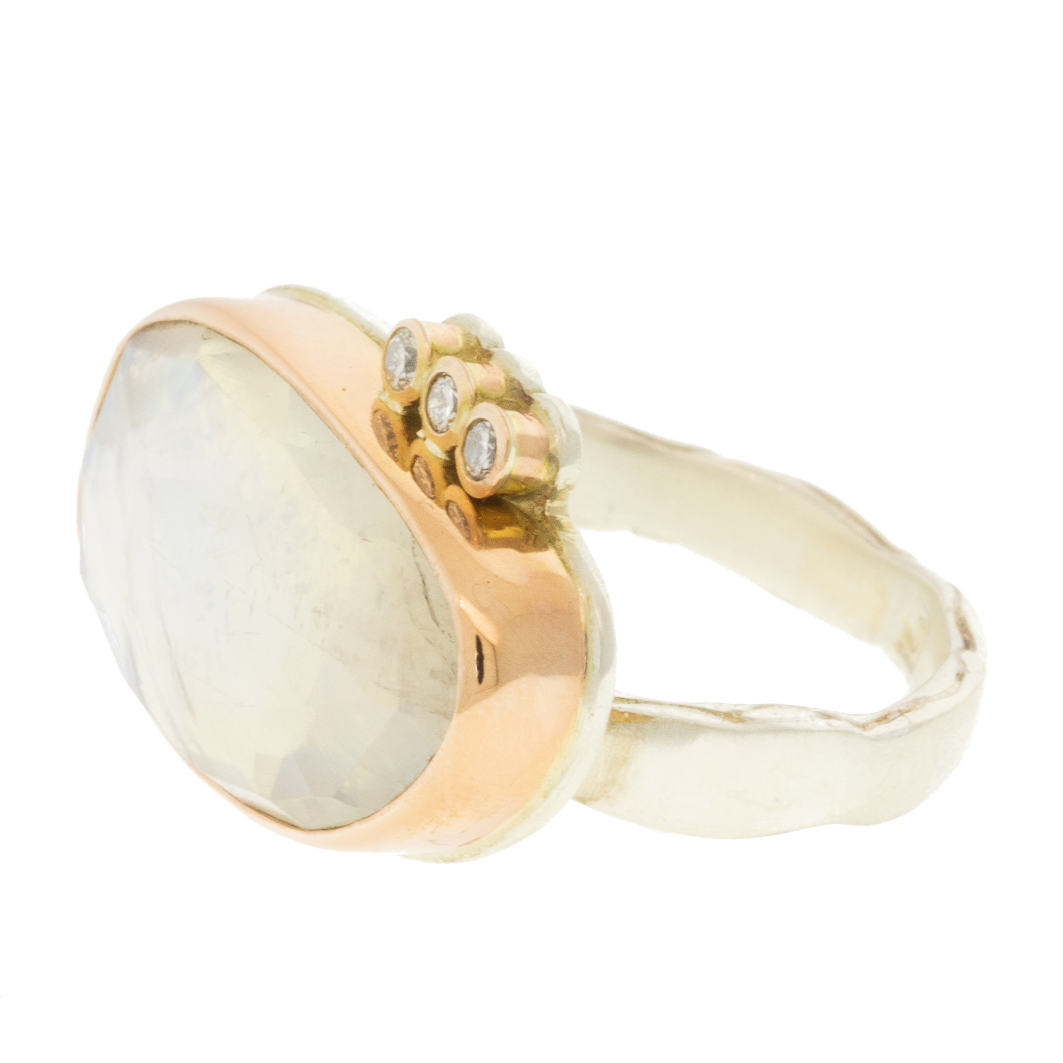 Jamie Joseph: Sterling & 14K Rose Gold Ring w/ Asymmetrical Rose Cut WHITE RAINBOW MOONSTONE & Triple Satellite Diamonds on Eroded Live Edge Band (.075 CTW) size 6.5, 7/16" x 3/4"