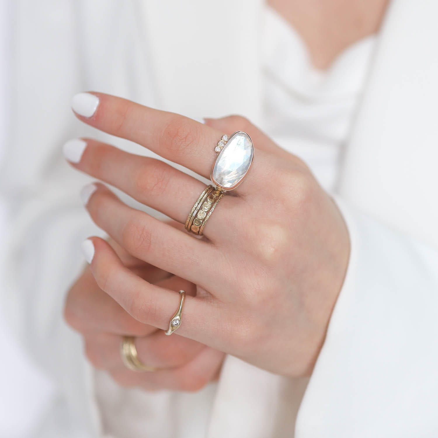 Jamie Joseph: Sterling & 14K Rose Gold Ring w/ Asymmetrical Rose Cut WHITE RAINBOW MOONSTONE & Triple Satellite Diamonds on Eroded Live Edge Band (.075 CTW) size 6.5, 7/16" x 3/4"