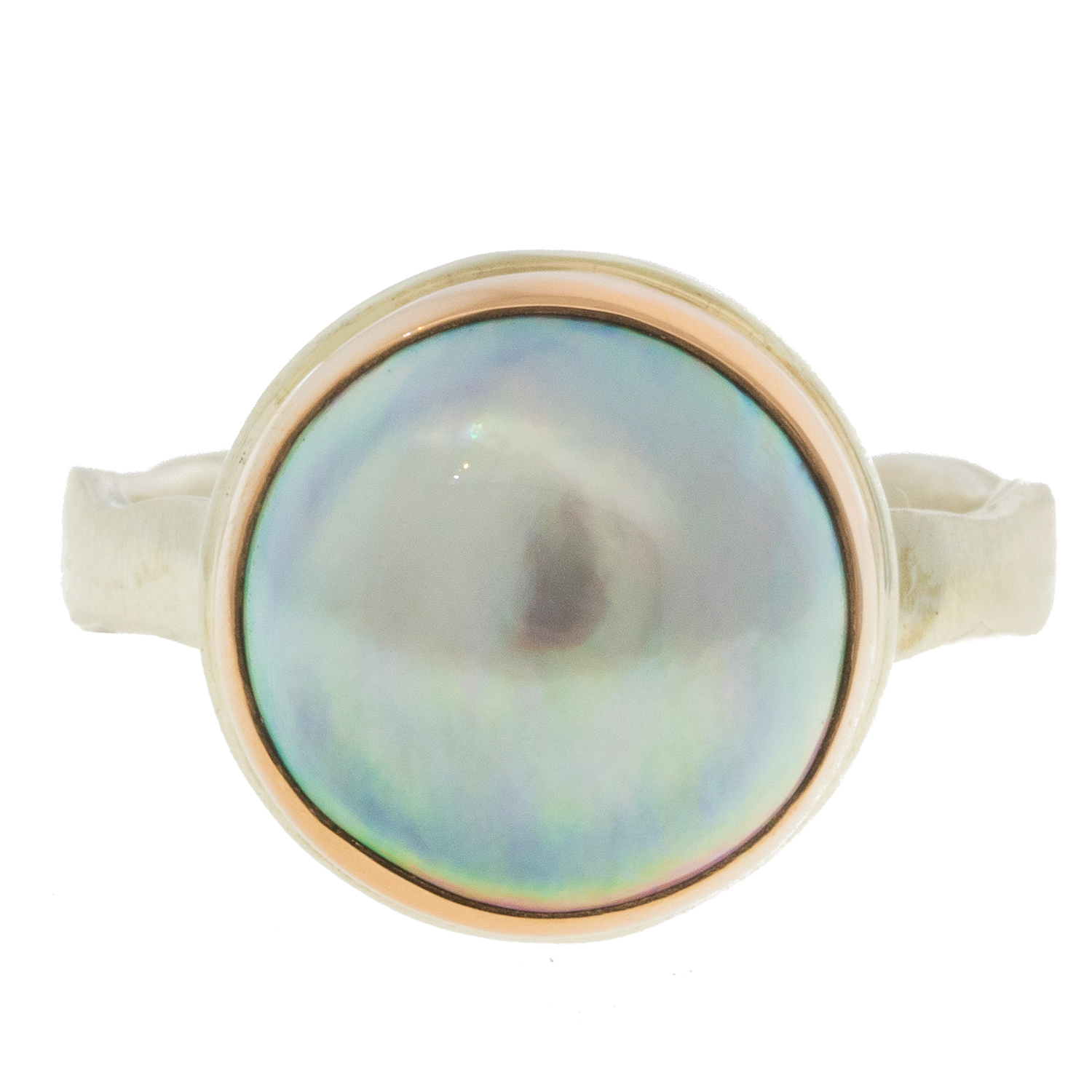Jamie Joseph: Sterling & 14K Rose Gold Ring w/ Small Round TAHITIAN MABE PEARL on Eroded Live Edge Band size 7.25 1/2" x 1/2"