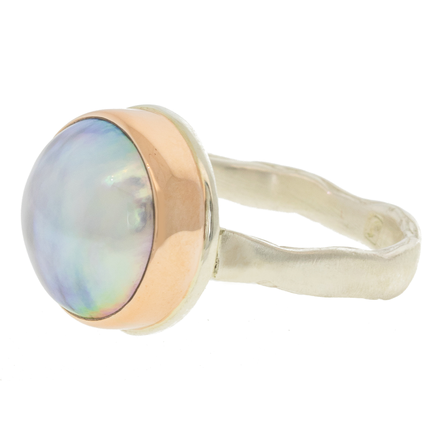 Jamie Joseph: Sterling & 14K Rose Gold Ring w/ Small Round TAHITIAN MABE PEARL on Eroded Live Edge Band size 7.25 1/2" x 1/2"