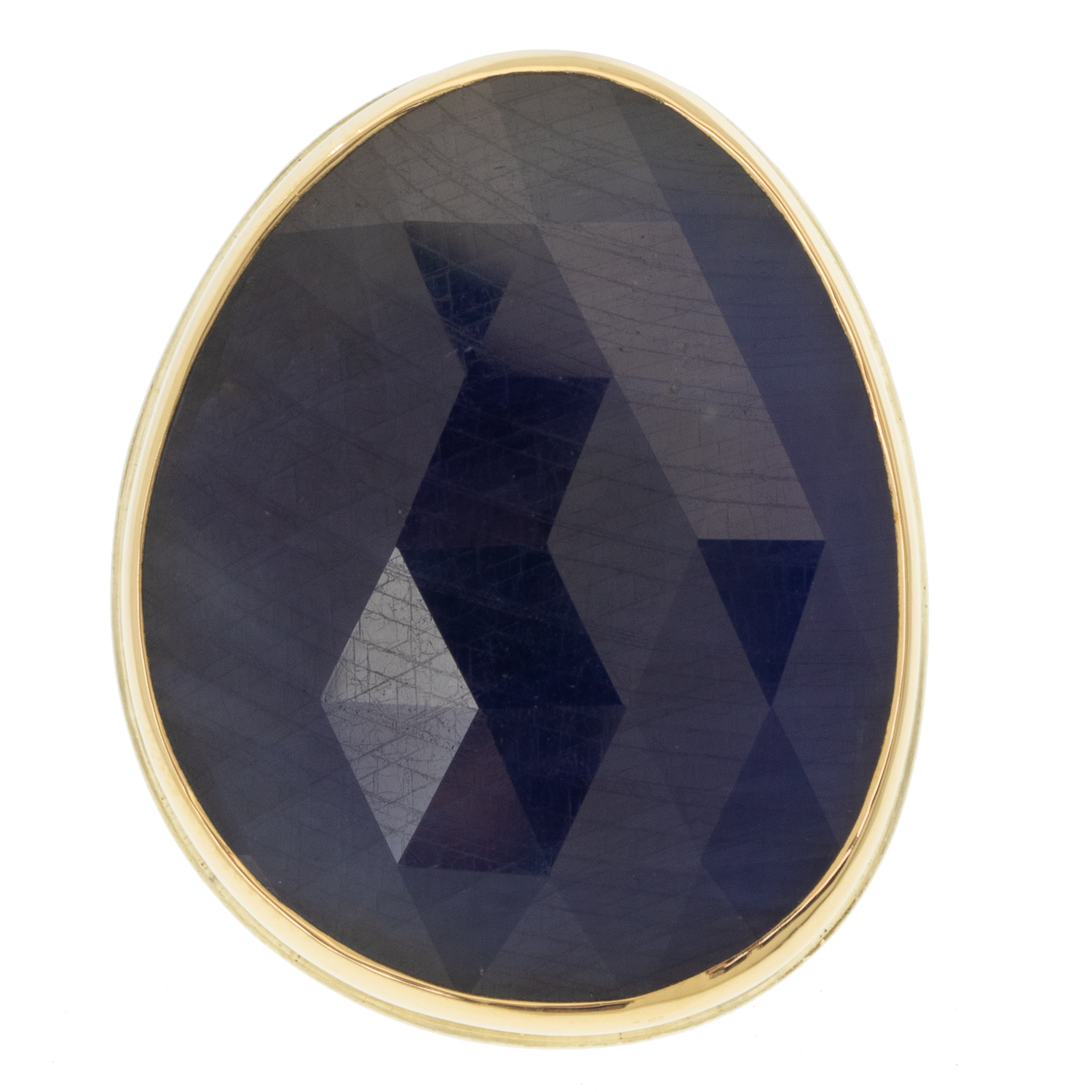 Jamie Joseph: Ring, Sterling & 14K Gold Ring w/ Large Vertical Asymmetrical Rose Cut BLUE SAPPHIRE on Wide Eroded Live Edge Band 1 1/16" x 7/8" size 8 1/2