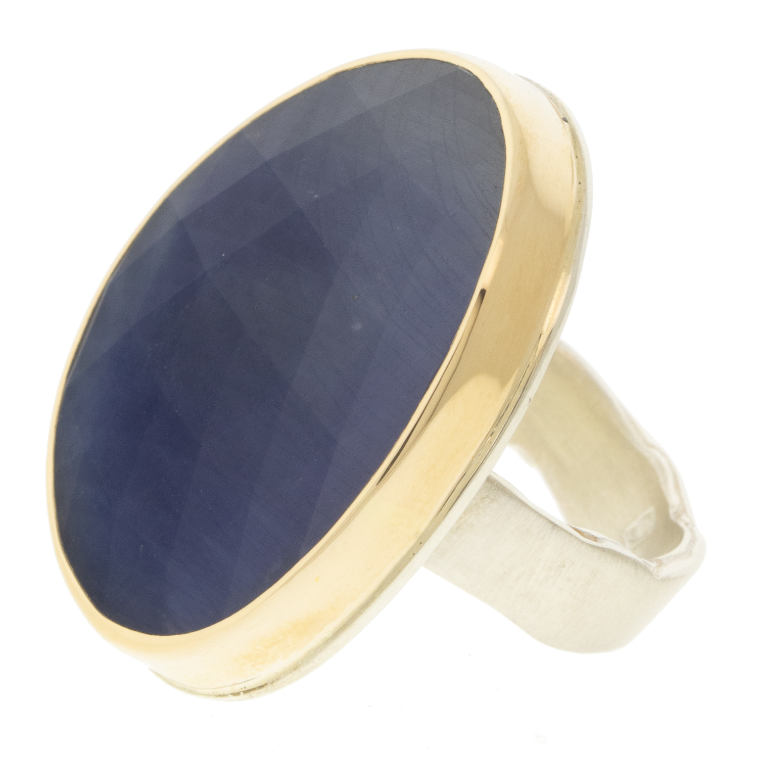 Jamie Joseph: Ring, Sterling & 14K Gold Ring w/ Large Vertical Asymmetrical Rose Cut BLUE SAPPHIRE on Wide Eroded Live Edge Band 1 1/16" x 7/8" size 8 1/2