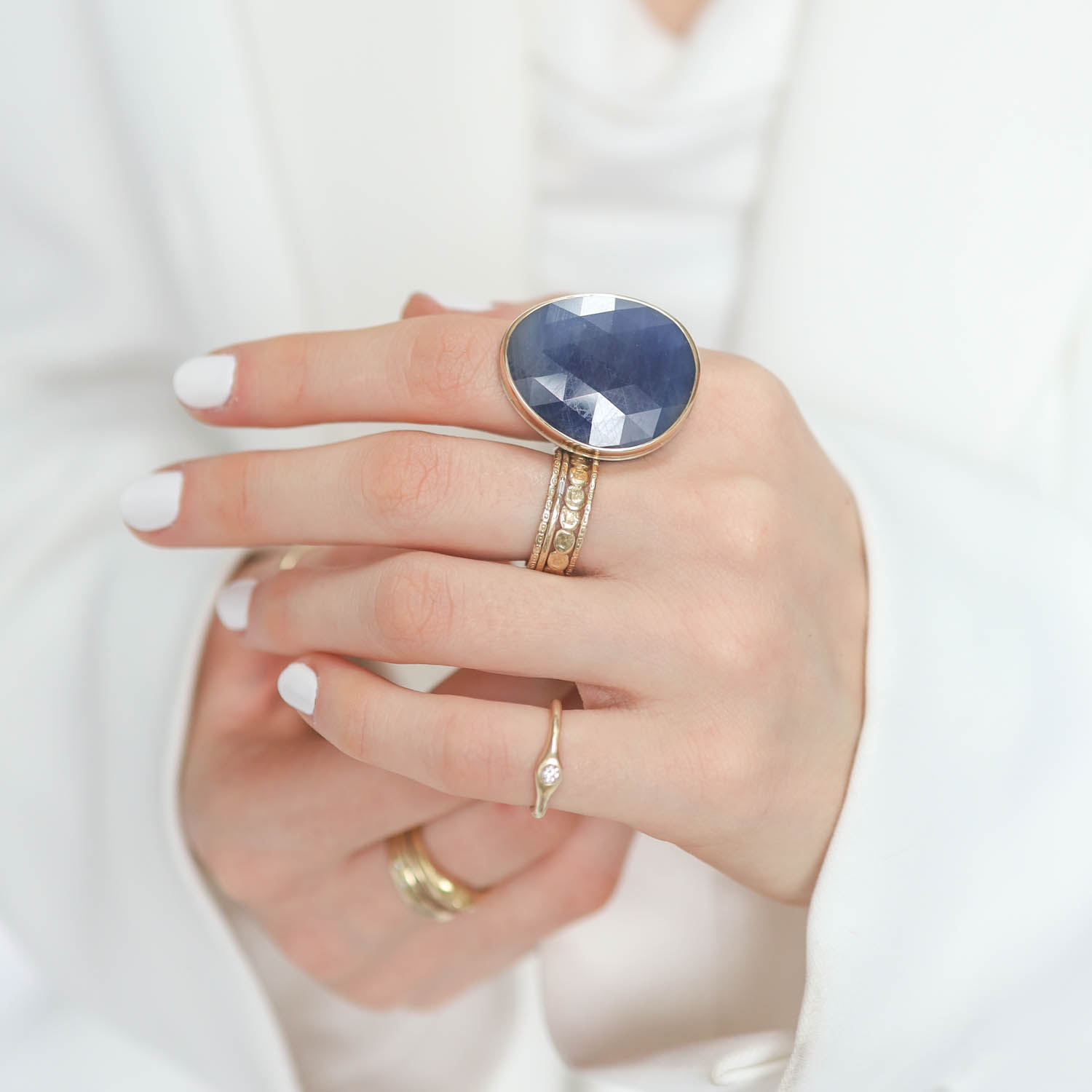 Jamie Joseph: Ring, Sterling & 14K Gold Ring w/ Large Vertical Asymmetrical Rose Cut BLUE SAPPHIRE on Wide Eroded Live Edge Band 1 1/16" x 7/8" size 8 1/2