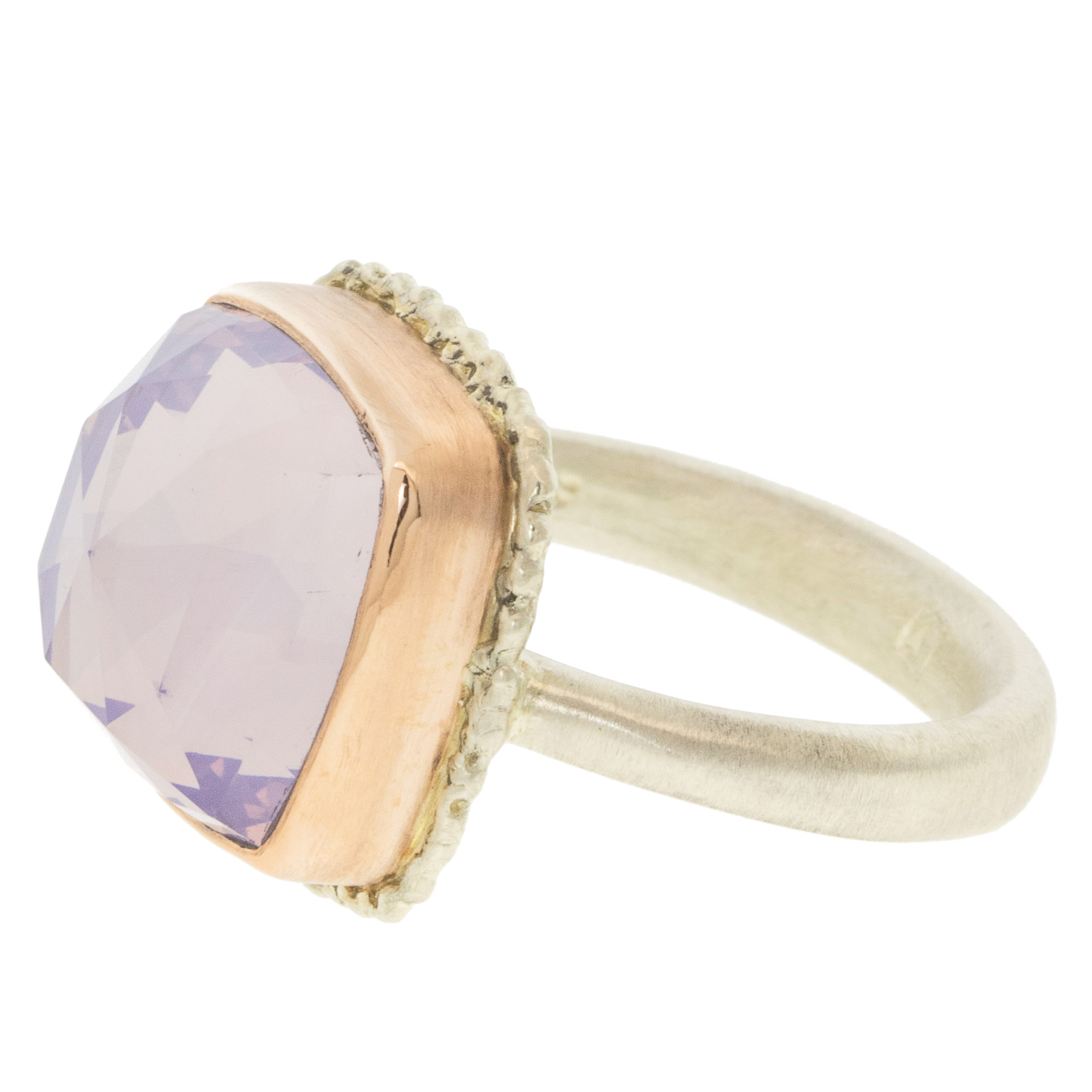 Jamie Joseph:Sterling & 14K Rose Gold Ring w/ Small Square Rose CutLAVENDER AMETHYST on Lava Platform andEgyptian Band size 7 1/2" x 1/2"