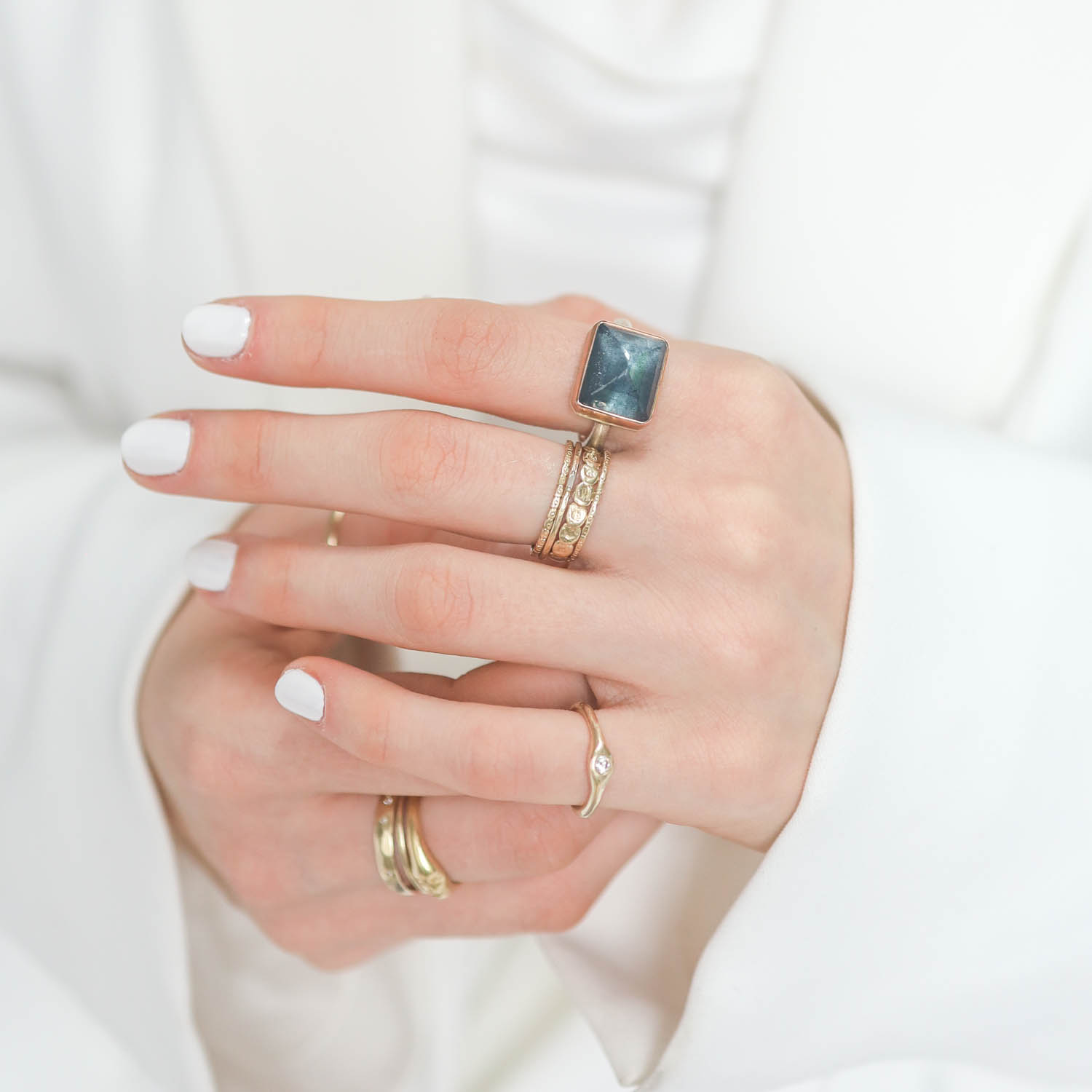 Jamie Joseph: Ring, Sterling & 14K Rose Gold Ring w/ Small Rectangular Inverted MOSS AQUAMARINE on Egyptian Band 7/16" x 1/2" size 7