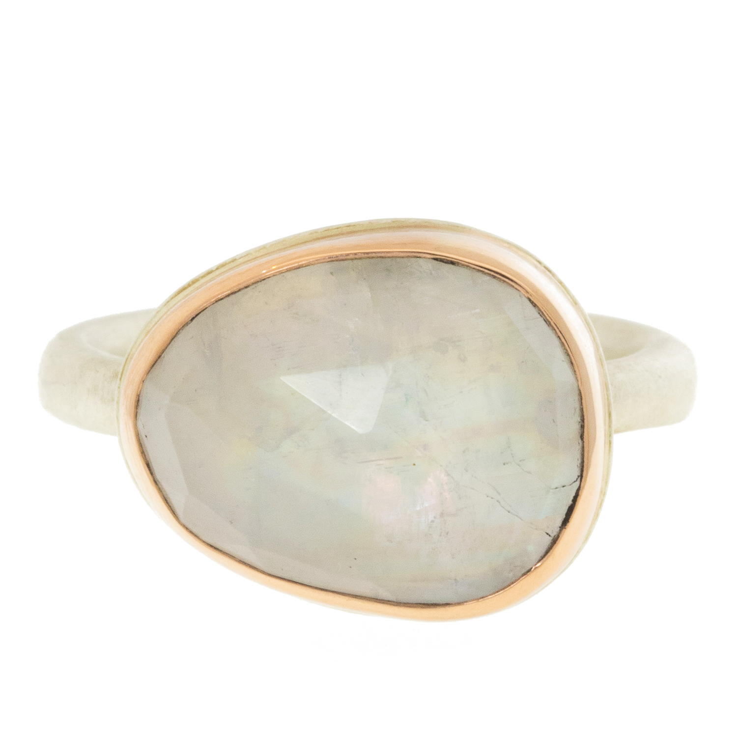 Jamie Joseph: Sterling & 14K Rose Gold Ring w/ Small Asymmetrical Rose Cut WHITE RAINBOW MOONSTONE on Egyptian Band size 7, 7/16" x 9/16"