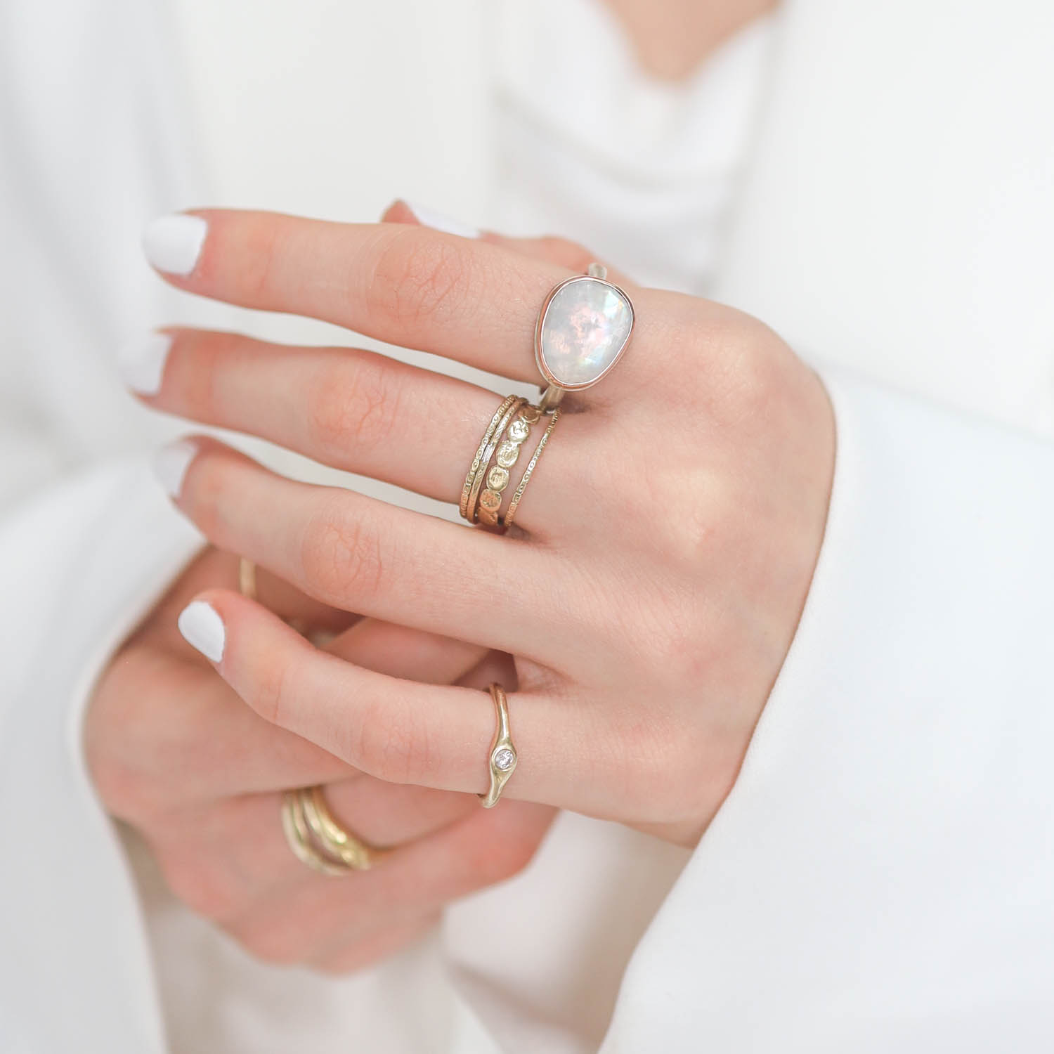 Jamie Joseph: Sterling & 14K Rose Gold Ring w/ Small Asymmetrical Rose Cut WHITE RAINBOW MOONSTONE on Egyptian Band size 7, 7/16" x 9/16"