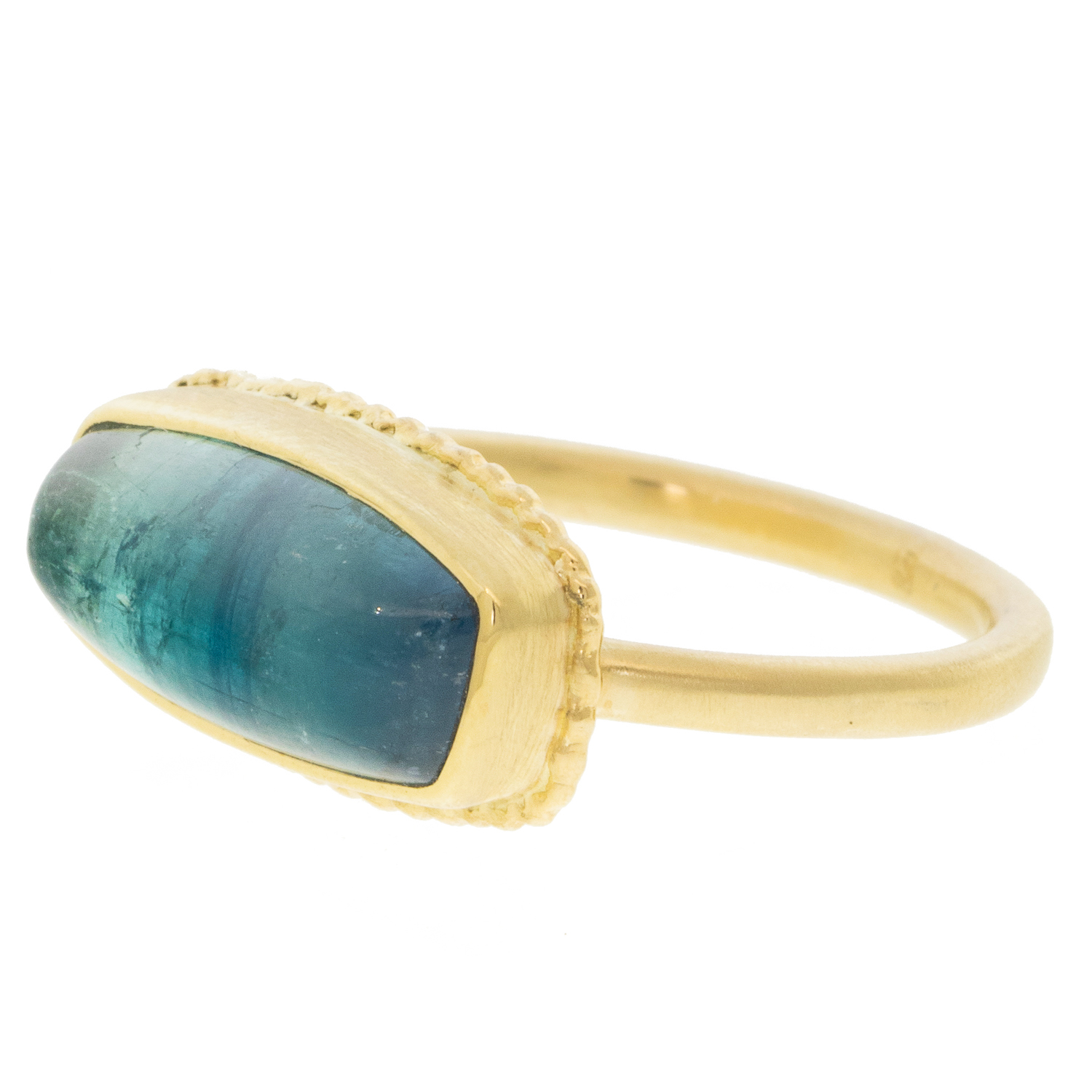 Jamie Joseph: 14K Gold Ring w/ Rectangular Smooth Blue Tourmaline on Ruffled Platform and Sand Band size 7.75, 1/4" x 5/8"