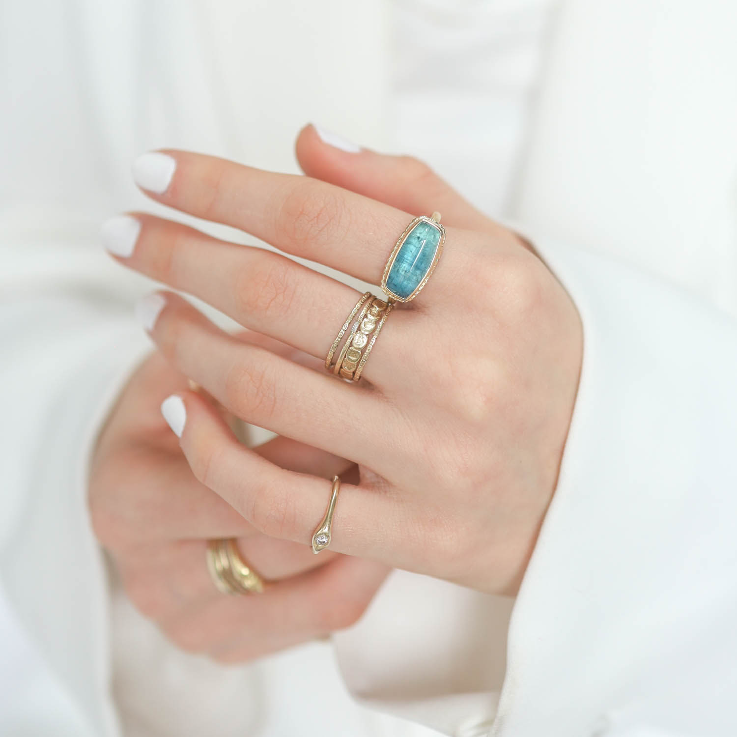 Jamie Joseph: 14K Gold Ring w/ Rectangular Smooth Blue Tourmaline on Ruffled Platform and Sand Band size 7.75, 1/4" x 5/8"